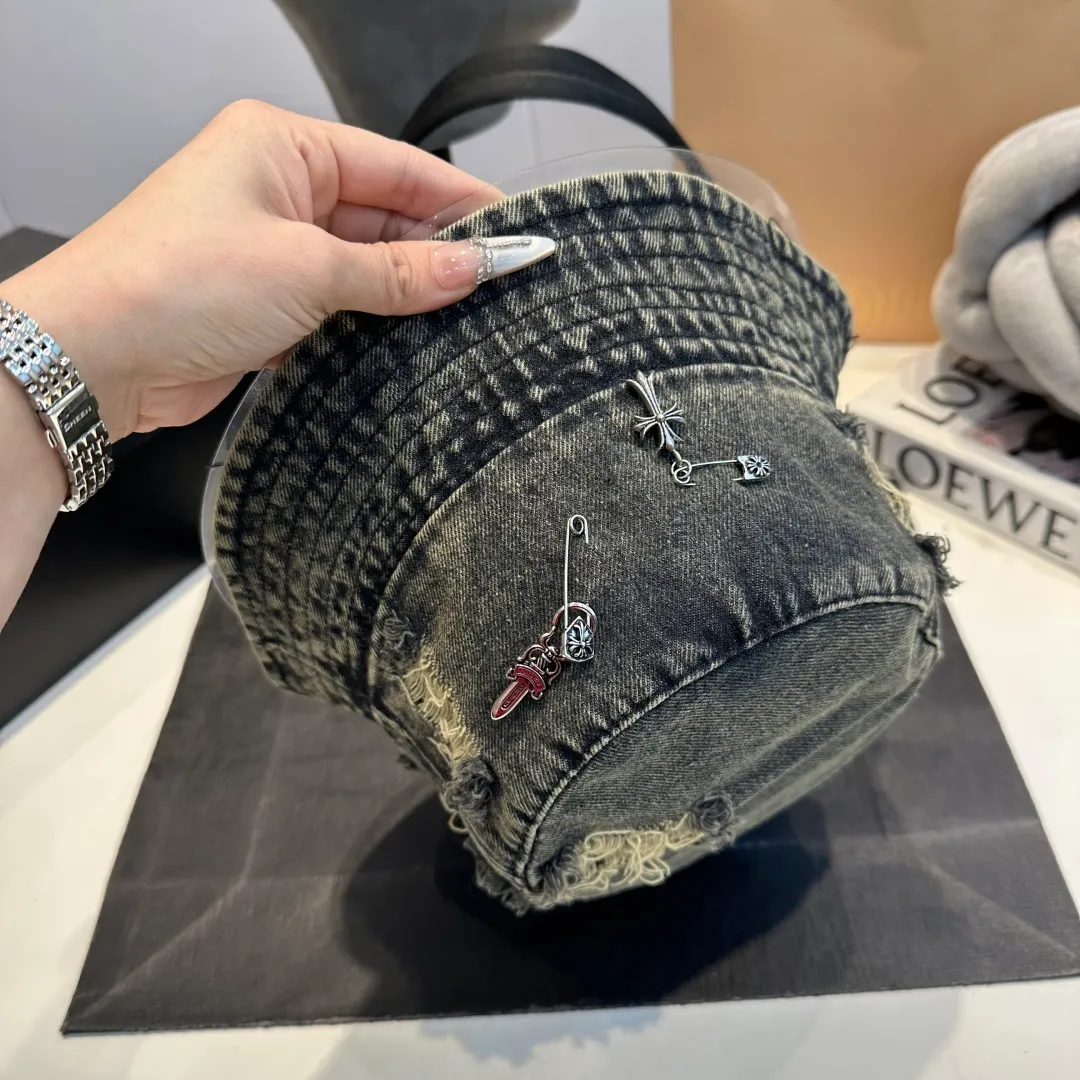 P60 Croxin spring and summer new denim fisherman hat, retro old street style, washed and torn edges, photo-taking item